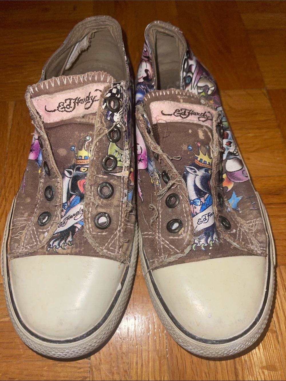 Ed Hardy Brown Canvas Kids Slip-On Sneakers with Multicolor Tattoo Graphics